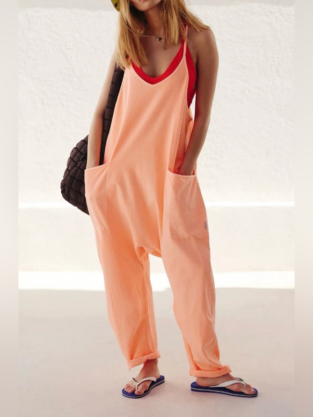 NWT Free People Movement Hot Shot Onesie in Pastel Peach Size Large - Picture 2 of 6